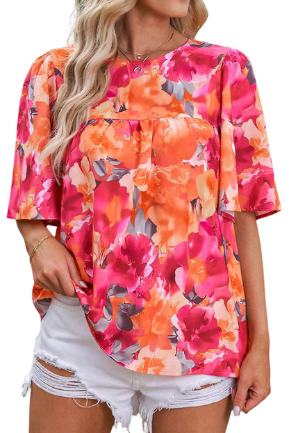 Fiery  Floral Print Wide Sleeve Blouse | Red