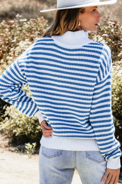 Zip Up Collar Drop Shoulder Sweater | Sky Blue Stripe