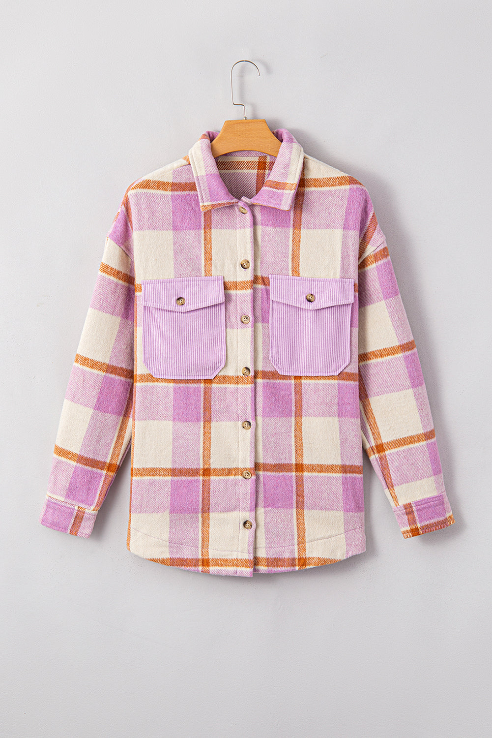 Corduroy Pockets Brushed Checkered Shacket | Purple