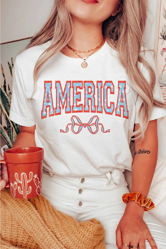 White AMERICA Bow Knot Print Crew Neck Casual Tee