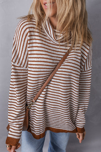 Striped Turtleneck Loose Sweater | Brown