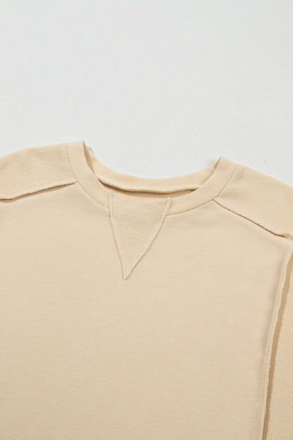 Splicing Round Neck Pullover Sweatshirt | Beige