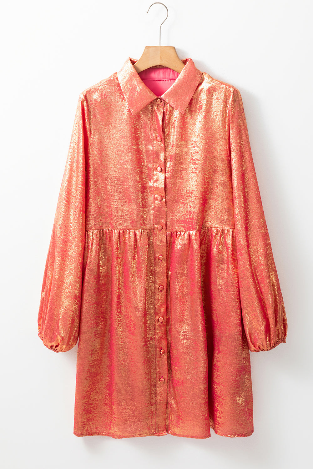 Metallic Sheen Puff Sleeve Button Up Mini Shirt Dress | Peach Blossom