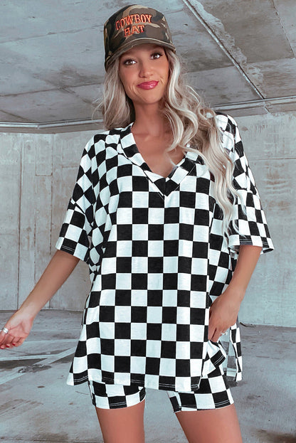 Checkerboard Print V Neck Loose Tee And Shorts Lounge Set | Black