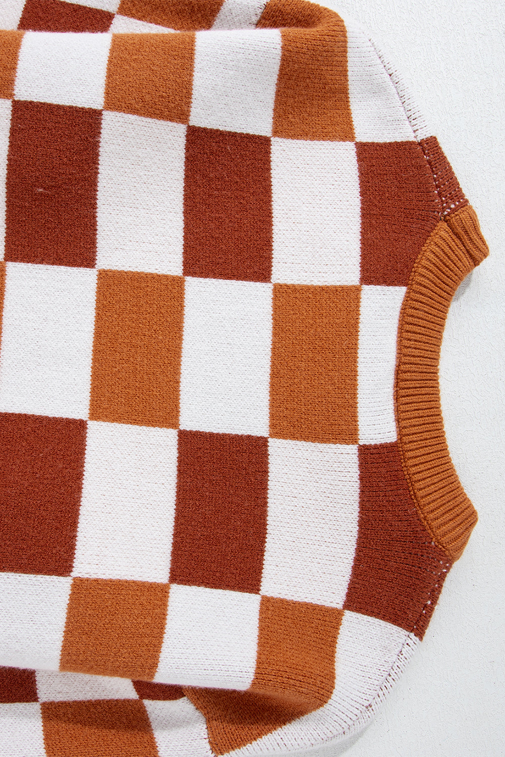 Checkered Ribbed Edge O Neck Drop Shoulder Sweater | Orange