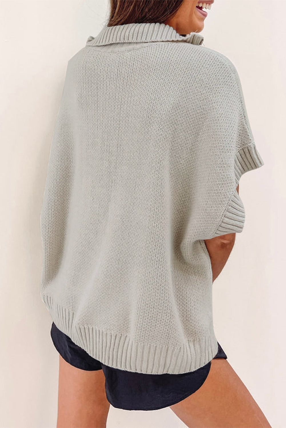 Quarter Zip Short Batwing Sleeve Sweater | Light Grey