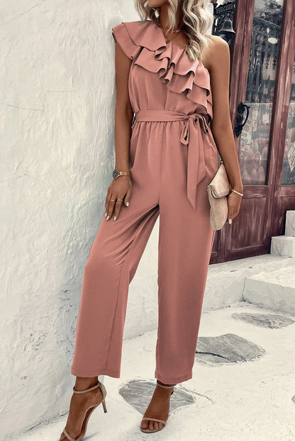 One Shoulder Ruffle Trim Belted Jumpsuit | Dusty Pink