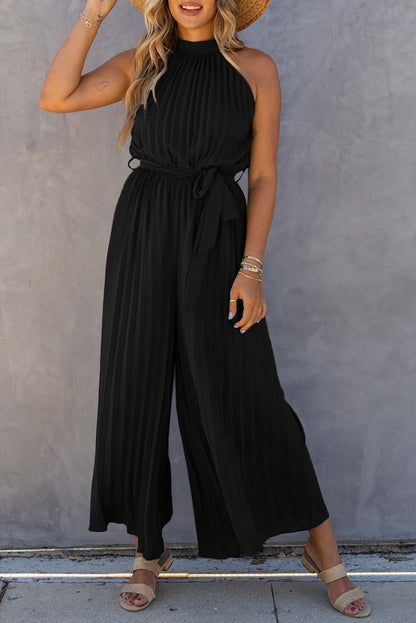 Halter Neck Pleated Wide Leg Jumpsuit With Belt | Black