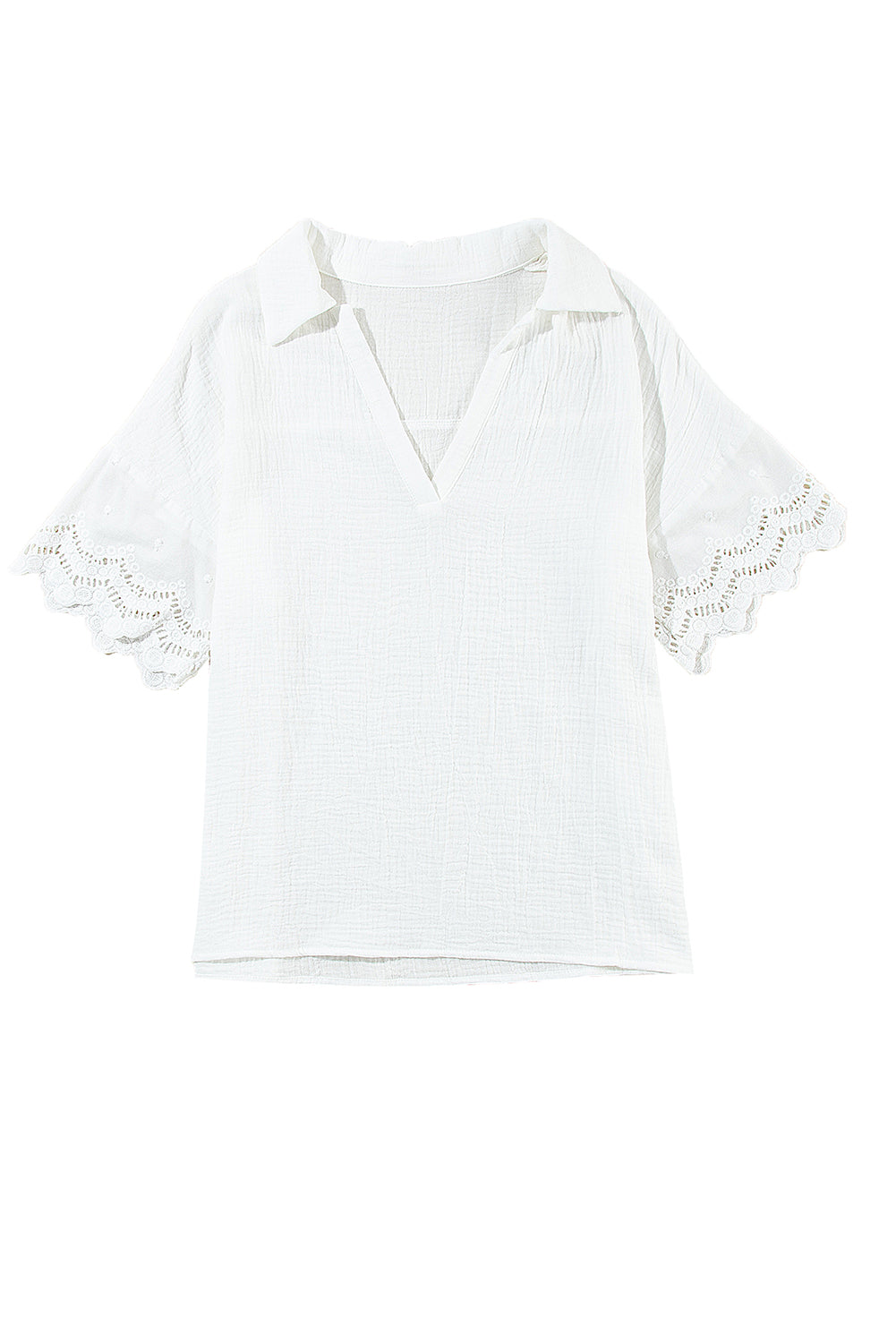 Crinkled Lace Splicing Sleeve Collared V Neck Blouse | White