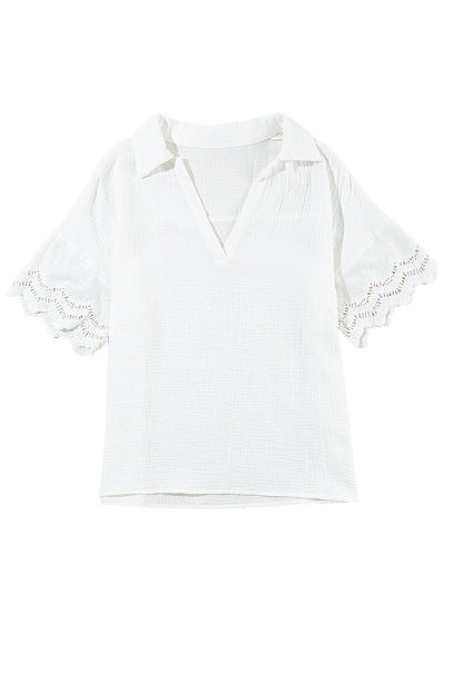 Crinkled Lace Splicing Sleeve Collared V Neck Blouse | White