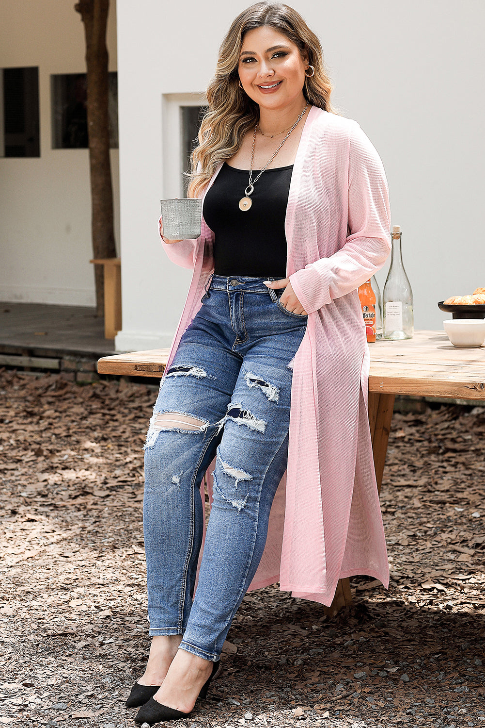 Sheer Knitted Long Side Slit Plus Size Cardigan | Pink