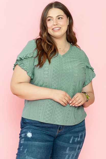 Petal Sleeve Jacquard V Neck Curvy Blouse | Laurel Green