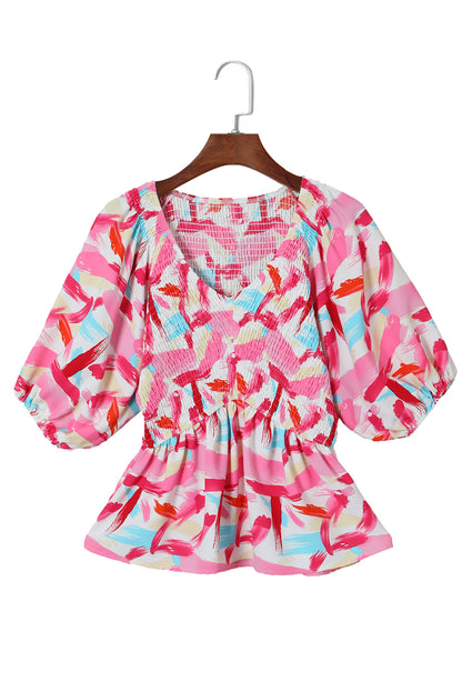 Abstract Print Puff Sleeve Peplum Top | Pink