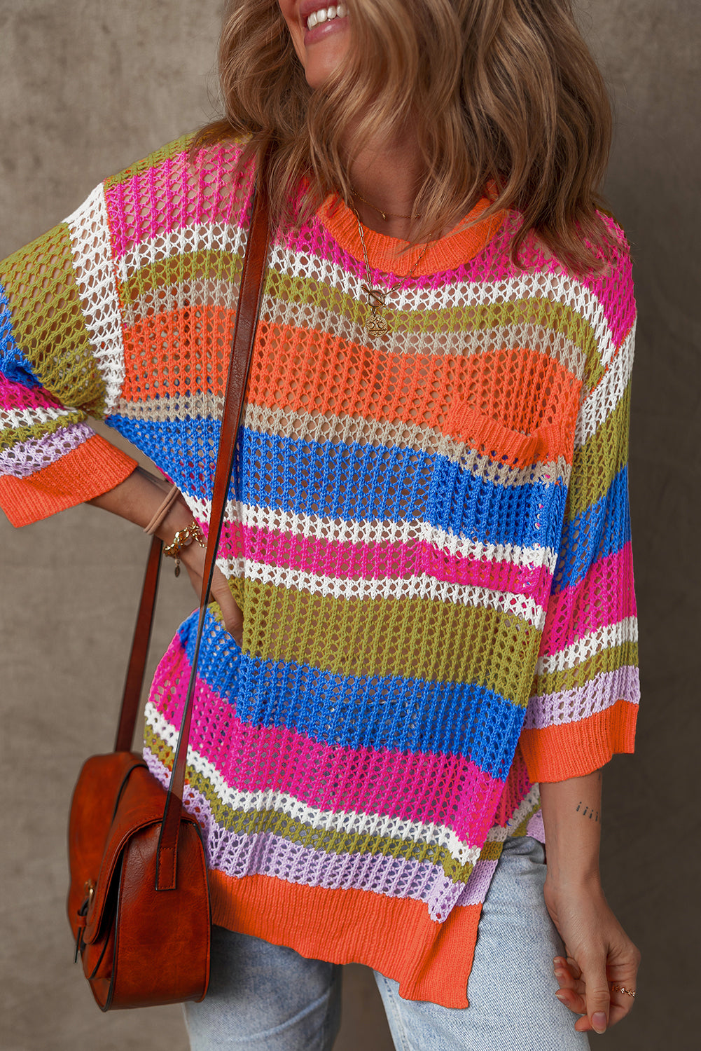 Colourblock Hollowed Crochet 3/4 Sleeve Sweater | Orange Stripe