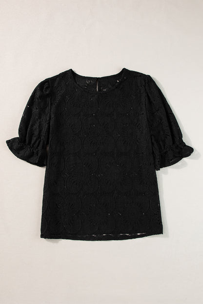 Flower Eyelet Jacquard Keyhole Flounce Sleeve Top | Black