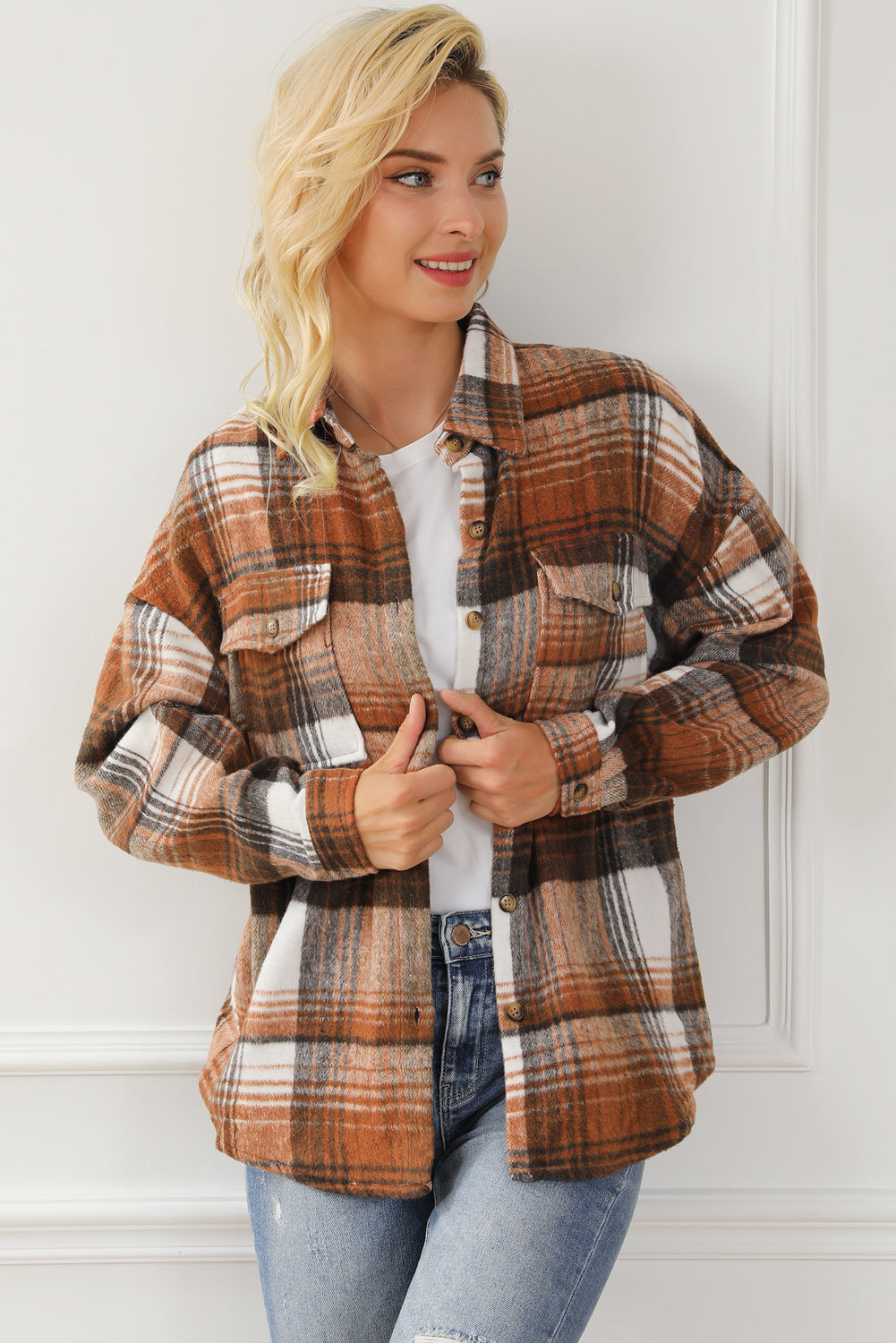 Brown Plaid Flap Pockets Shacket | Gold Flame