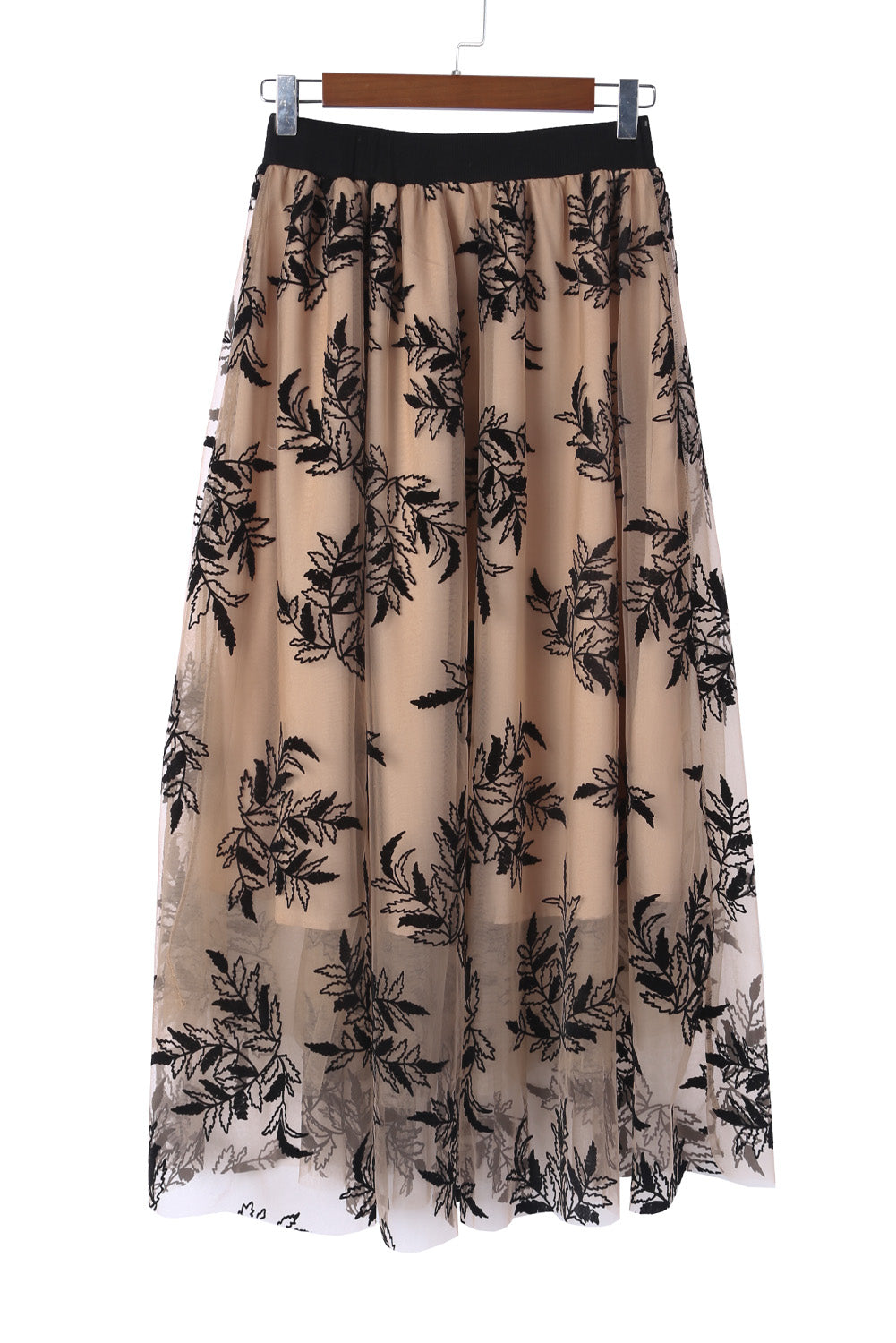 Floral Leaves Embroidered High Waist Maxi Skirt | Apricot