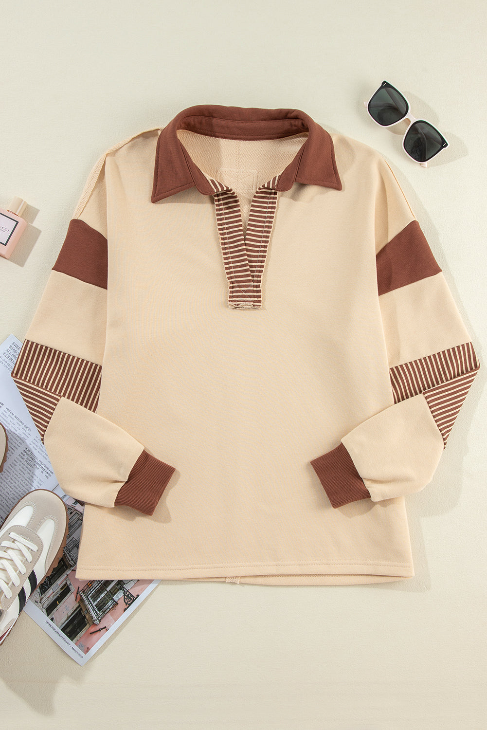 Striped Colourblock Patchwork Collar Sweatshirt | Light French Beige