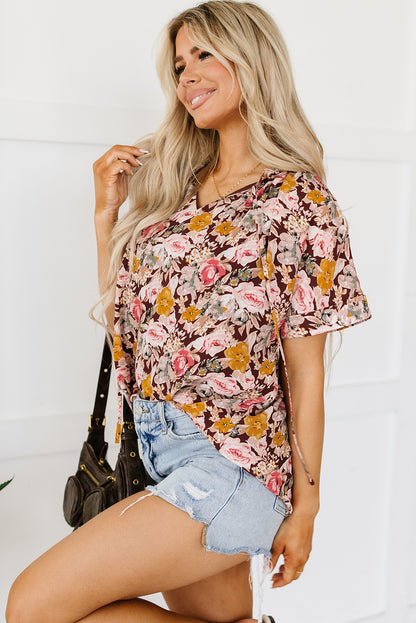 Floral Print Bubble Hem Split Neck Blouse | Pink