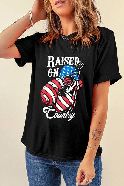 Raised On Country Usa Flag Guitar Graphic Tee | Black