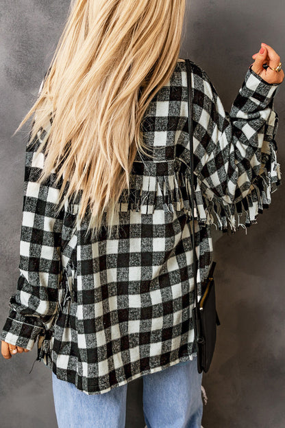 Fringed Plaid Print Shacket | Black