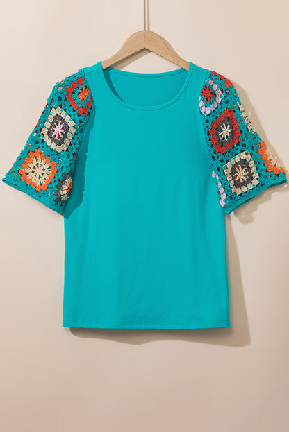 Floral Crochet Short Sleeve Top | Turquoise