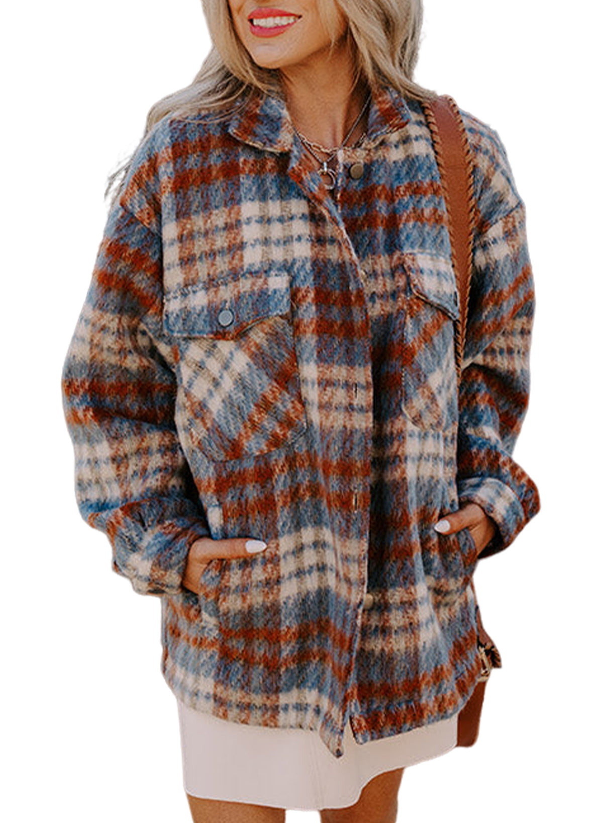 Plaid Print Chest Pockets Turn Down Collar Shacket | Cinnamon