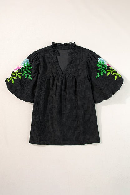 Floral Embroidered Puff Sleeve Notched Neck Blouse | Black