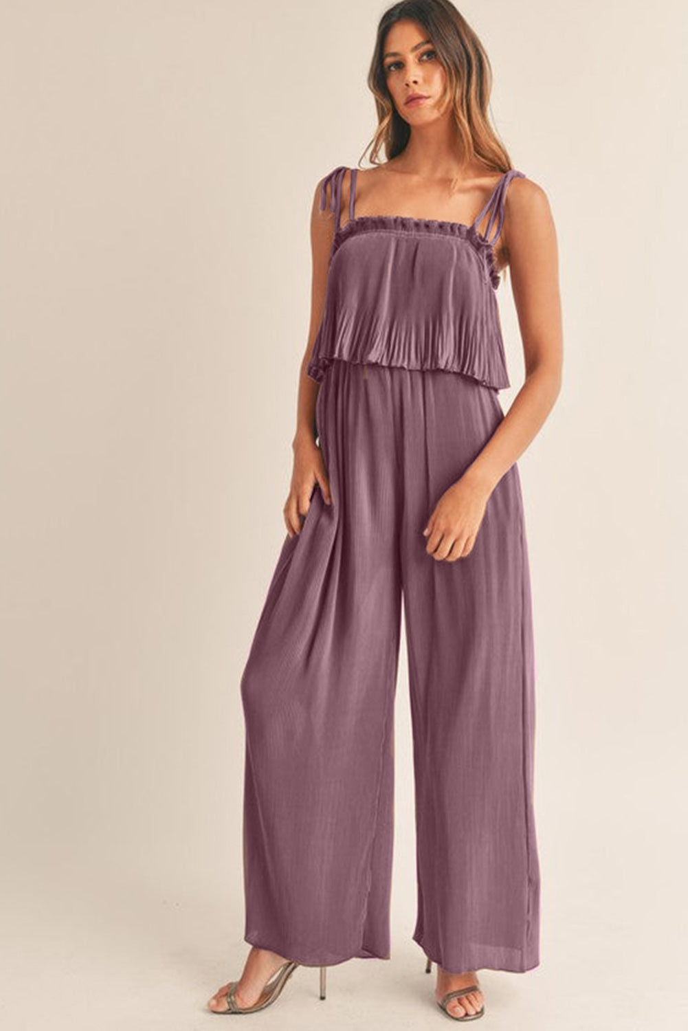 Solid Self Tied Straps Pleated Wide Leg Jumpsuit | Rose Tan