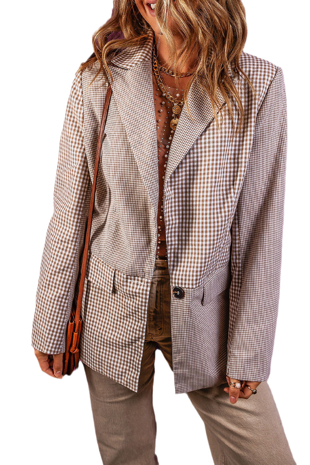 Plaid Patchwork Pocketed Single Breasted Blazer | Coffee