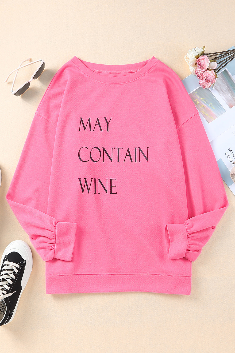 May Contain Wine Crew Neck Plus Size Sweatshirt | Pink