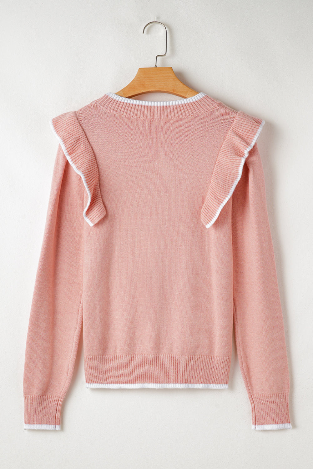 Ruffled Bowknot Ribbed Trim Long Sleeve Sweater | Light Pink