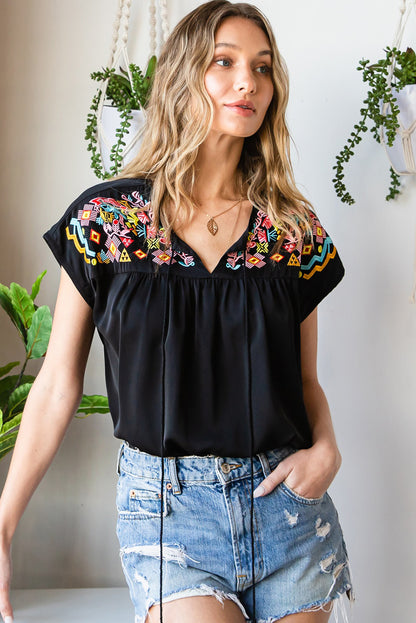 Geometric Floret Embroidered Short Sleeve Blouse | Black