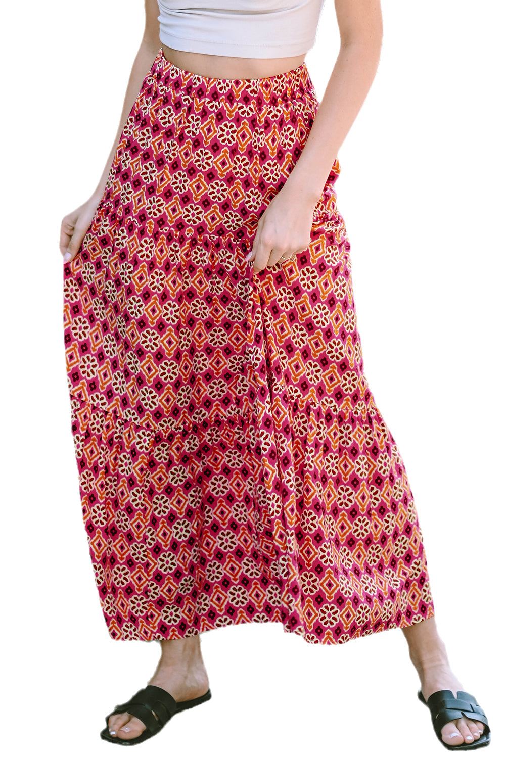 Vintage Boho Floral Print Tiered Maxi Skirt | Rose