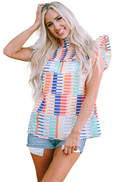 Striped Print High Neck Flutter Top | Multicolour