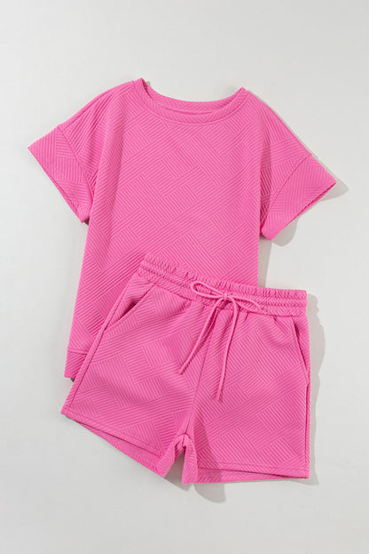 2 Piece Solid Textured Drawstring Shorts Set | Strawberry Pink