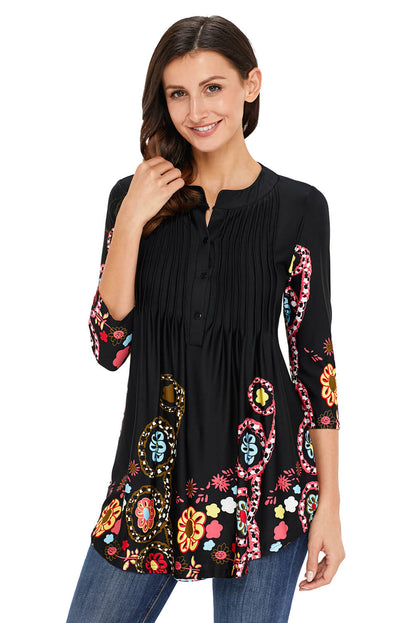 Floral Notch Neck Pin-Tuck Tunic | Black