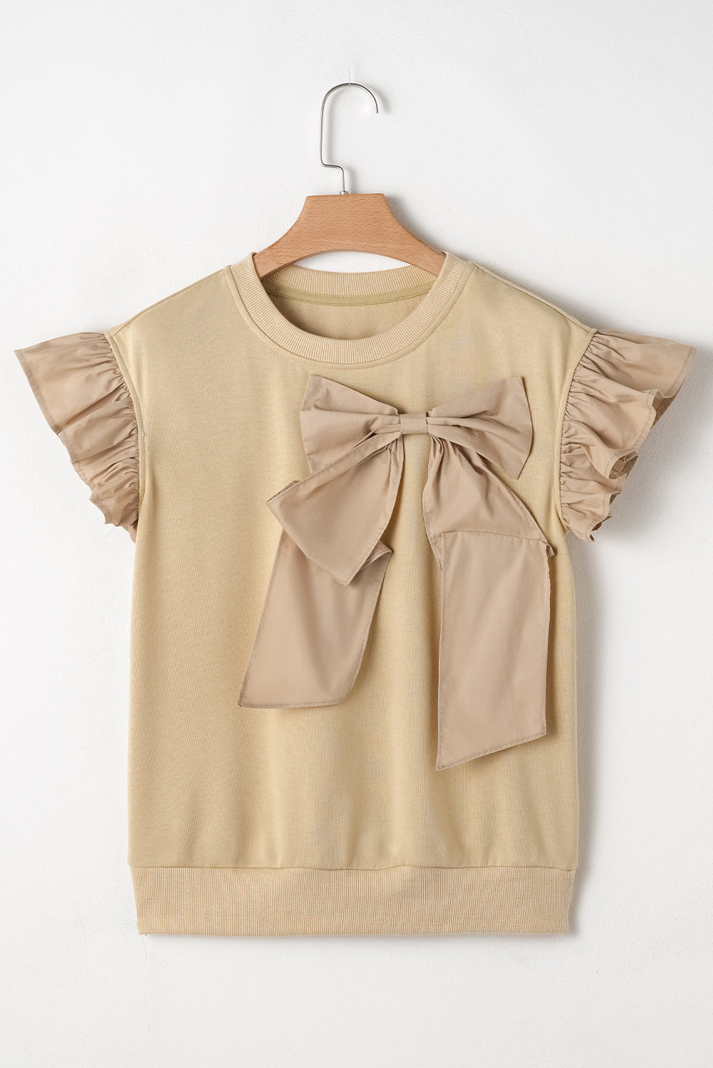 Two Tones Ribbon Bow Ruffle Sleeve Top | Parchment