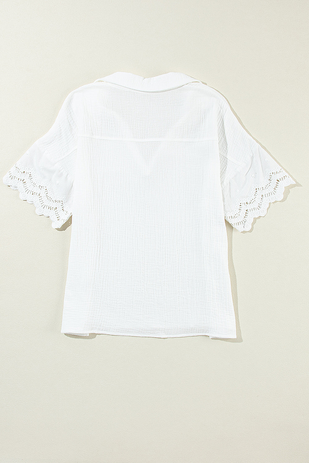 Crinkled Lace Splicing Sleeve Collared V Neck Blouse | White