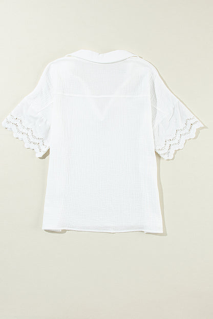 Crinkled Lace Splicing Sleeve Collared V Neck Blouse | White