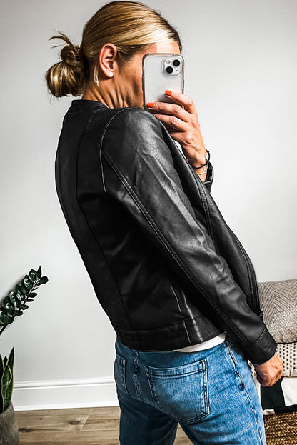 Solid Faux Leather Zipper Slim Fit Bomber Jacket | Black