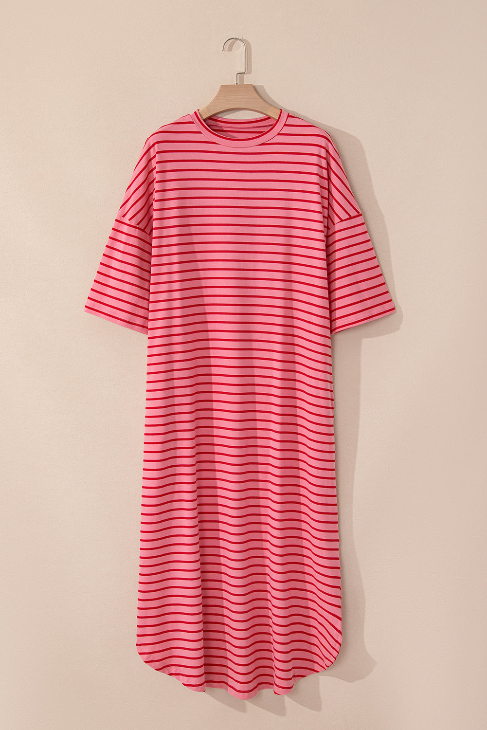 Striped 3/4 Sleeve Round Hem Shift T Shirt Dress | Strawberry Pink