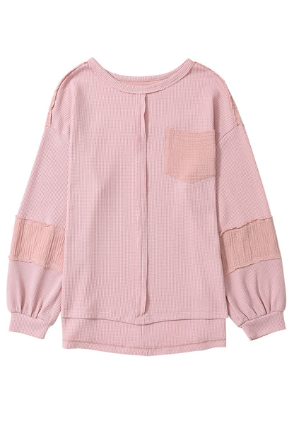 Exposed Seam Patchwork Bubble Sleeve Waffle Knit Top | Pink