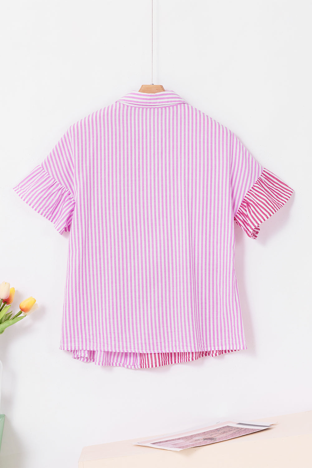 Striped Patchwork Ruffled Hem Button Up Shirt | Pink Stripe