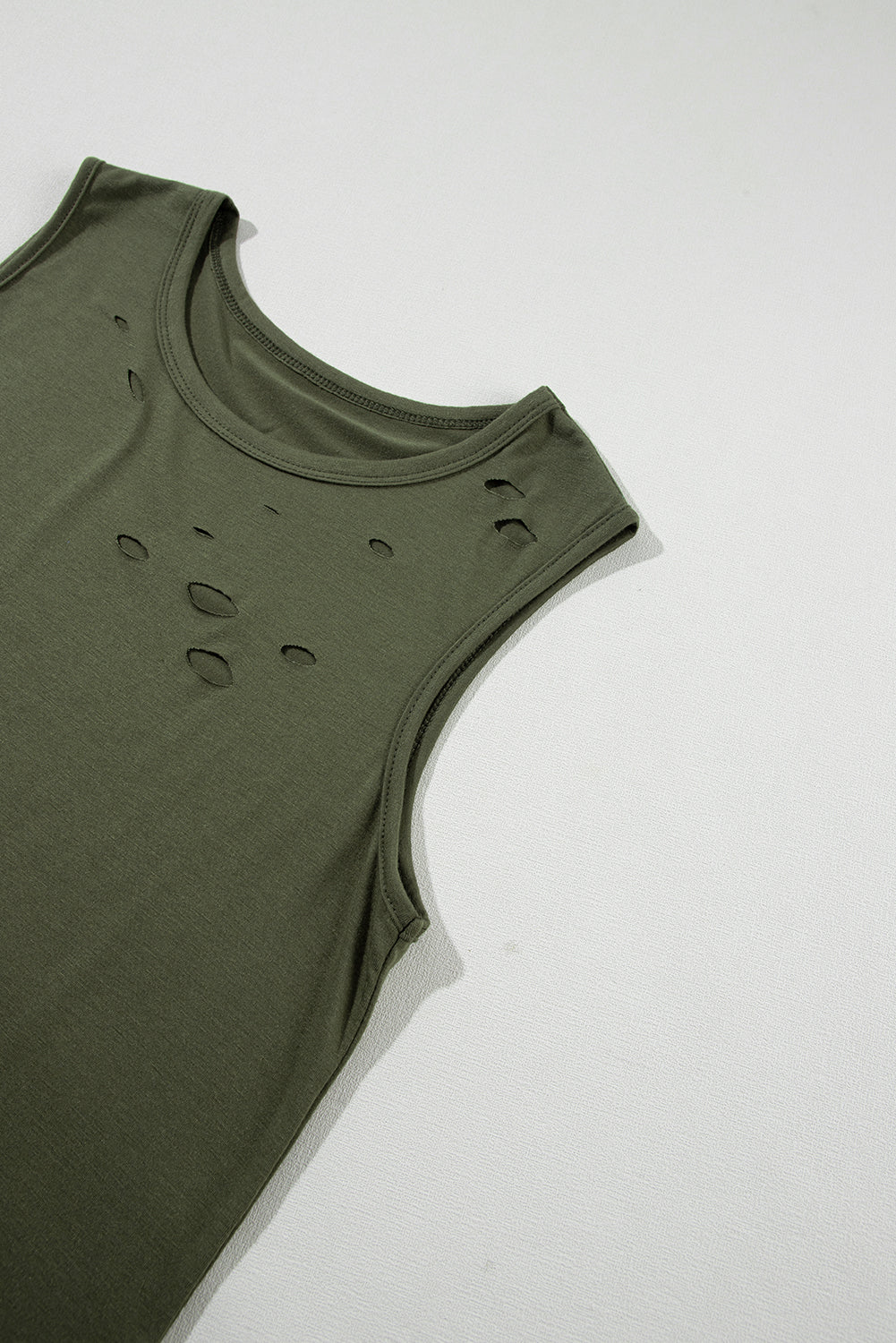 Solid Colour Distressed Holes Crew Neck Tank Top | Jungle Green