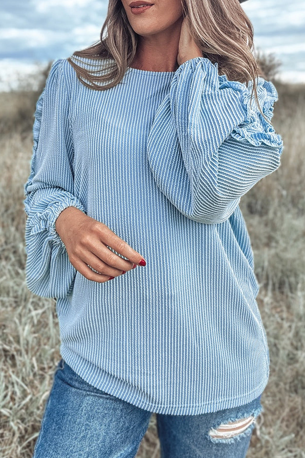 Mist Blue Corded Frilly Puff Sleeve Round Neck Blouse