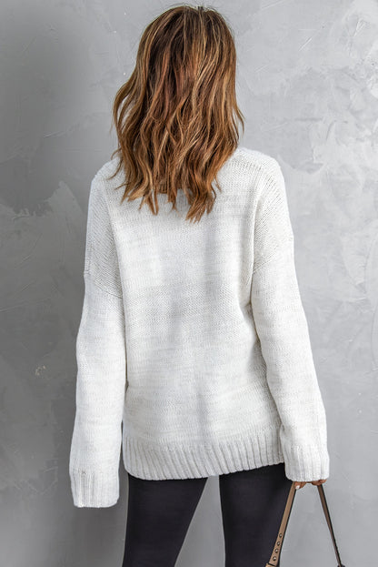 V Neck Drop Shoulder Knitted Sweater | White