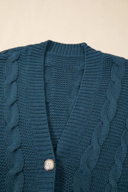 Cable Knit Button Front Pocketed Baggy Cardigan | Peacock Blue