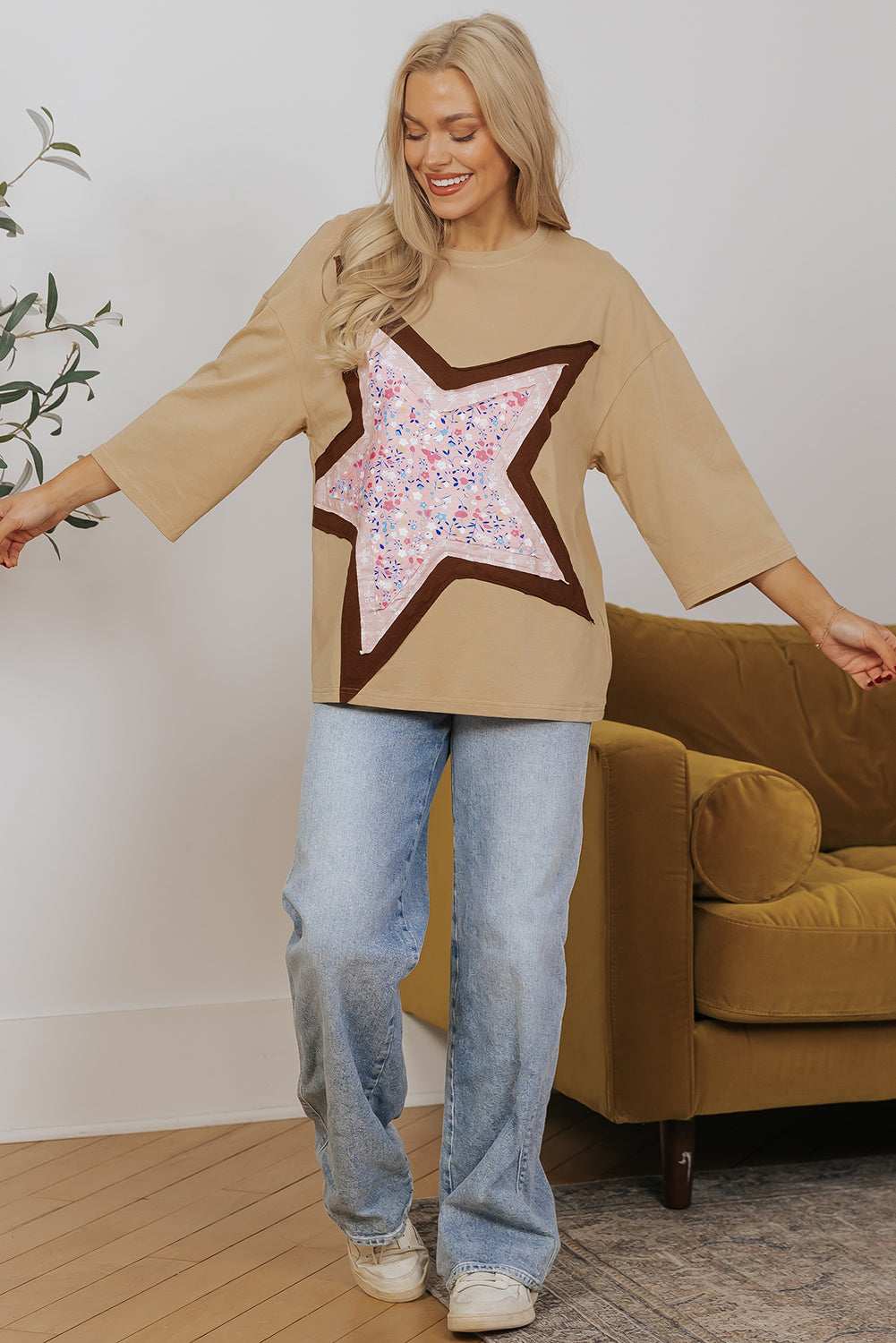 Floral Star Patchwork 3/4 Long Sleeve Top | Camel