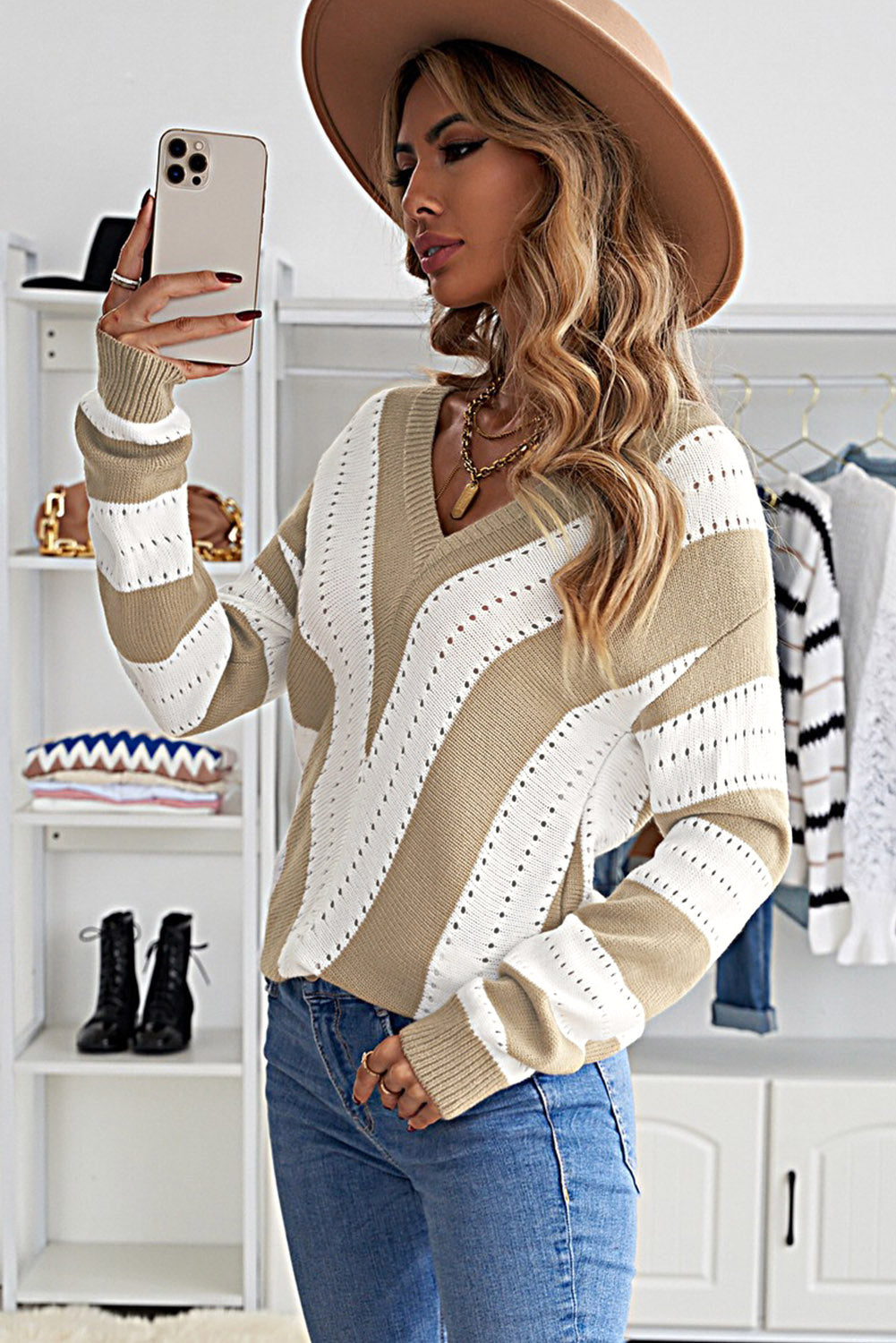 Striped Colourblock V Neck Knitted Sweater | Khaki